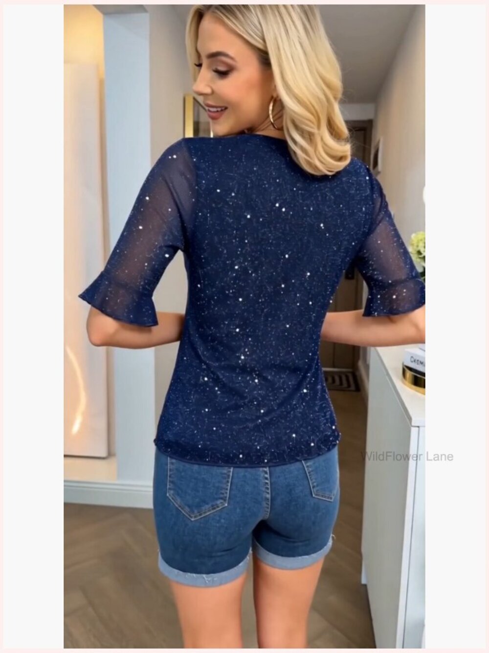 Women's Sparkly Sequin Bell Sleeve Blouse Tunic Tops - Picture 7 of 7